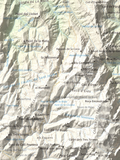 Mapa de relieve de Roca Sareny, 804 m, Bages · Vallès Occidental, lámina 100 Cims de Trobart. Detalle de la zona inferior izquierda. 30 × 40 cm.