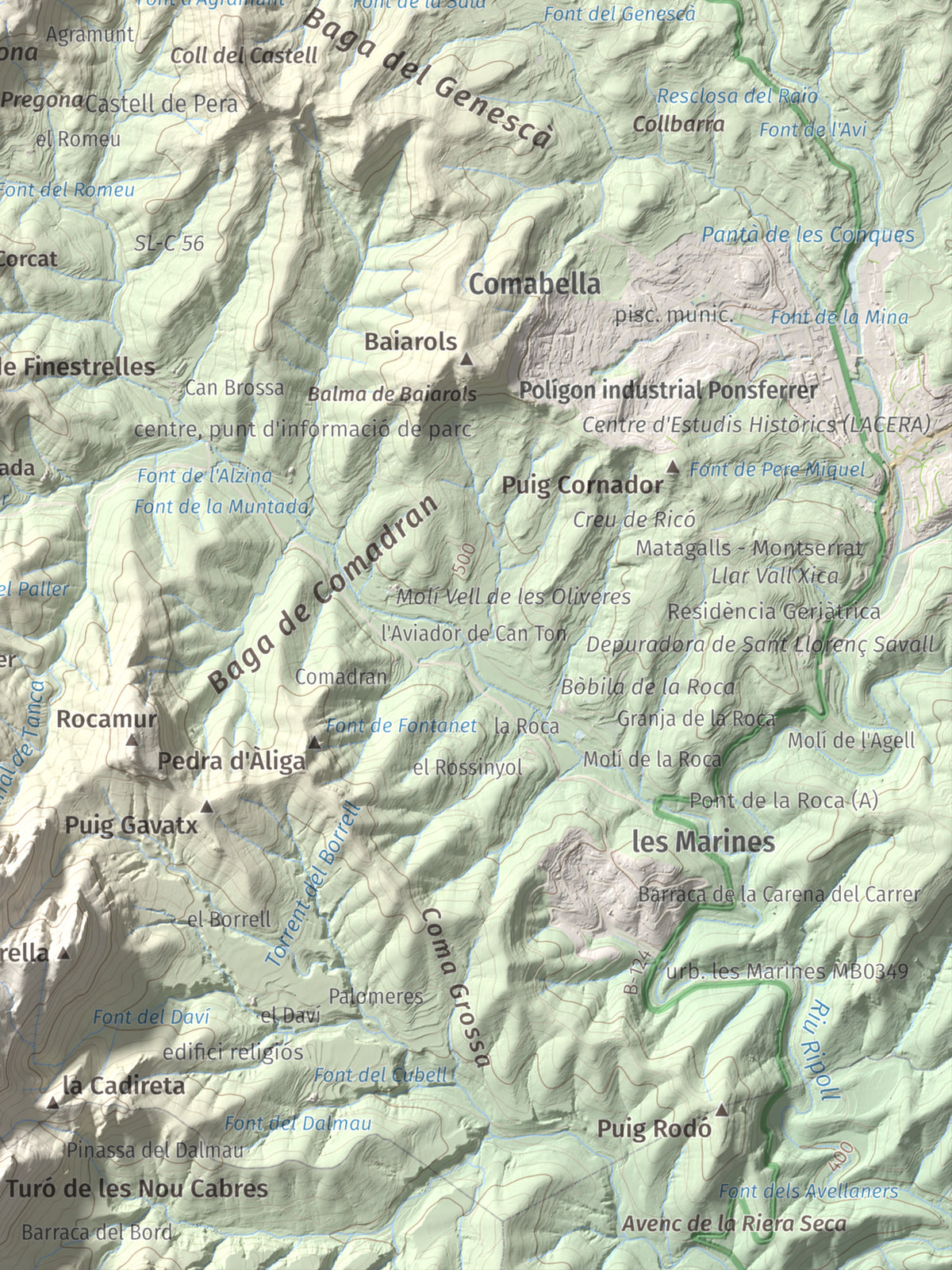 Mapa de relieve de Roca Sareny, 804 m, Bages · Vallès Occidental, lámina 100 Cims de Trobart. Detalle de la zona inferior derecha. 30 × 40 cm.