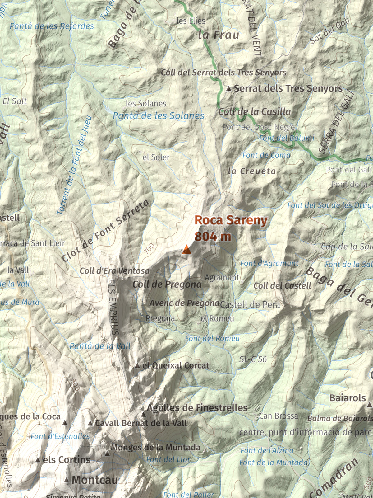 Mapa de relieve de Roca Sareny, 804 m, Bages · Vallès Occidental, lámina 100 Cims de Trobart. Detalle de la zona central. 30 × 40 cm.