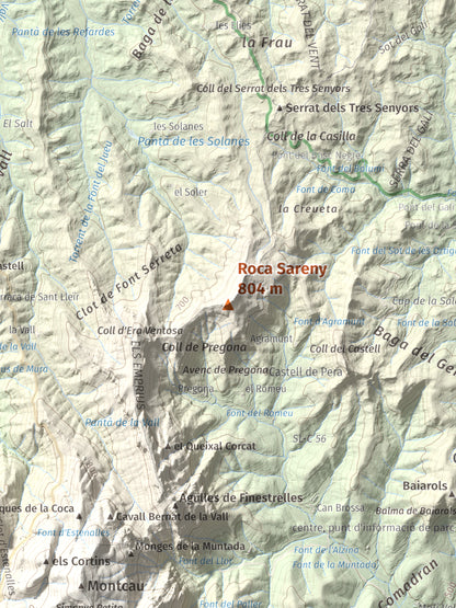 Mapa de relieve de Roca Sareny, 804 m, Bages · Vallès Occidental, lámina 100 Cims de Trobart. Detalle de la zona central. 30 × 40 cm.