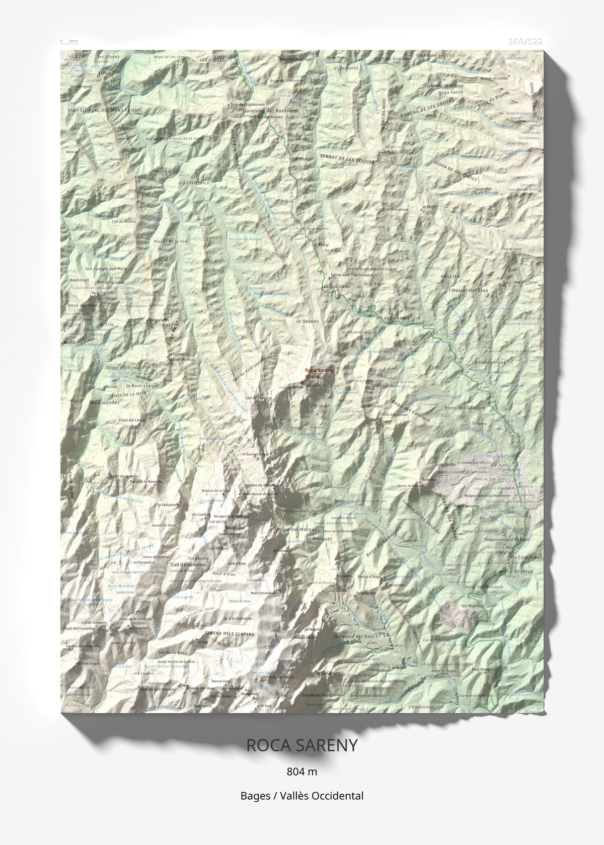 Mapa de relieve de Roca Sareny, 804 m, Bages · Vallès Occidental, lámina 100 Cims de Trobart 50 × 70 cm.