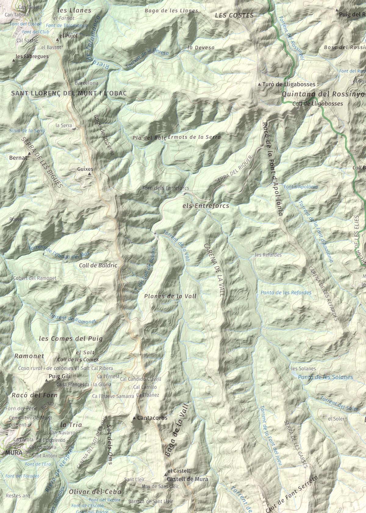 Mapa de relieve de Roca Sareny, 804 m, Bages · Vallès Occidental, lámina 100 Cims de Trobart. Detalle de la zona superior izquierda. 50 × 70 cm.