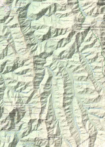 Mapa de relieve de Roca Sareny, 804 m, Bages · Vallès Occidental, lámina 100 Cims de Trobart. Detalle de la zona superior izquierda. 50 × 70 cm.