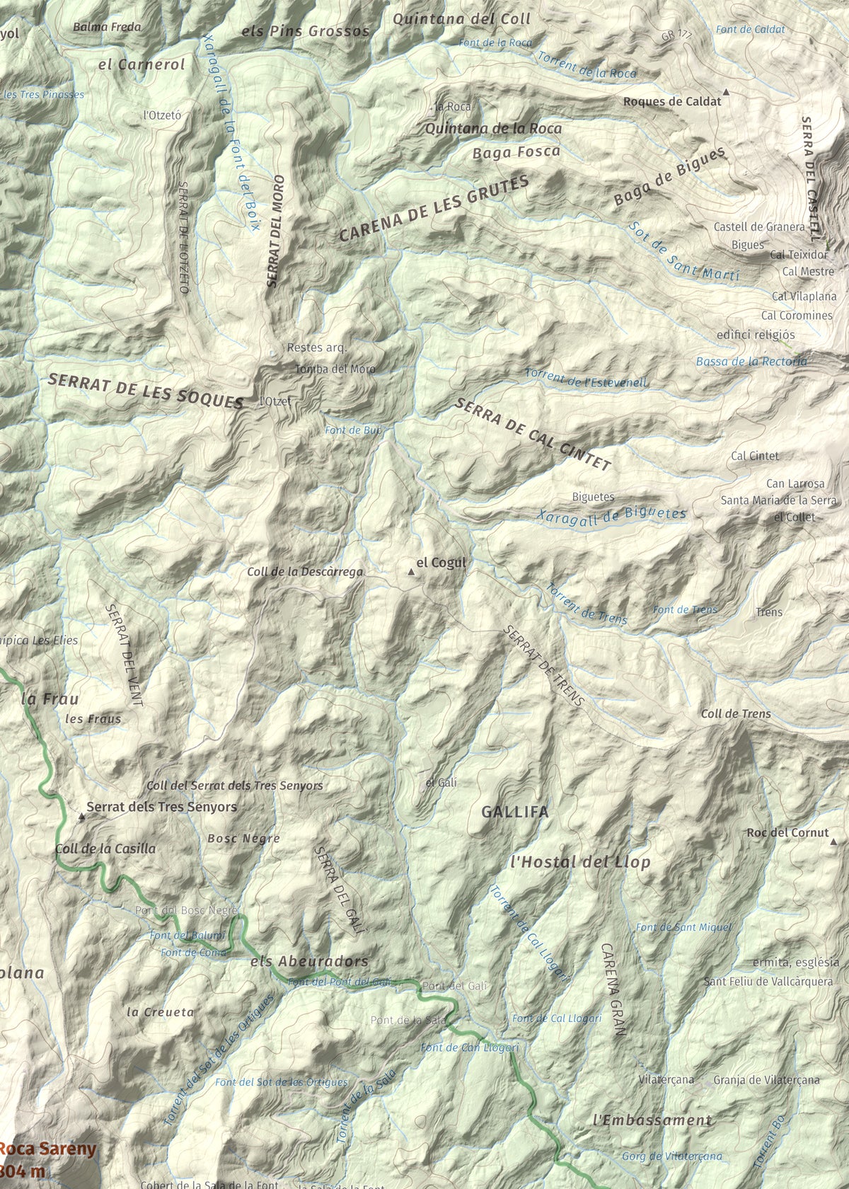 Mapa de relieve de Roca Sareny, 804 m, Bages · Vallès Occidental, lámina 100 Cims de Trobart. Detalle de la zona superior derecha. 50 × 70 cm.