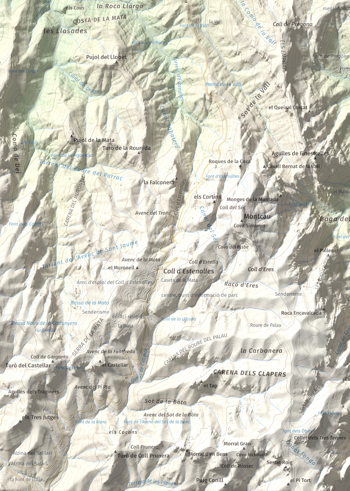 Mapa de relieve de Roca Sareny, 804 m, Bages · Vallès Occidental, lámina 100 Cims de Trobart. Detalle de la zona inferior izquierda. 50 × 70 cm.