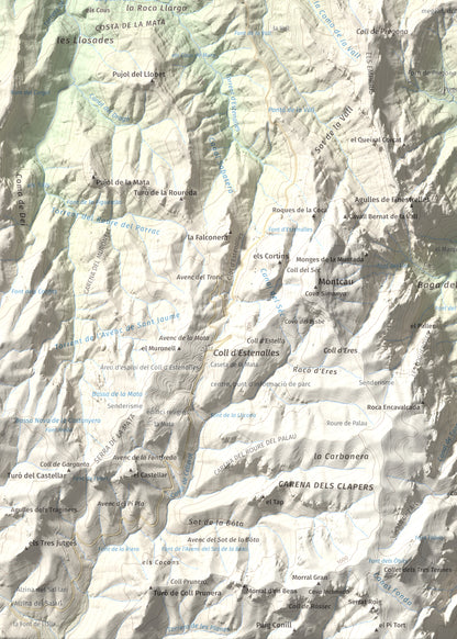 Mapa de relieve de Roca Sareny, 804 m, Bages · Vallès Occidental, lámina 100 Cims de Trobart. Detalle de la zona inferior izquierda. 50 × 70 cm.