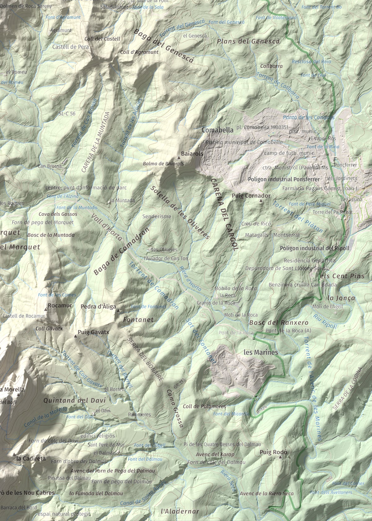 Mapa de relieve de Roca Sareny, 804 m, Bages · Vallès Occidental, lámina 100 Cims de Trobart. Detalle de la zona inferior derecha. 50 × 70 cm.