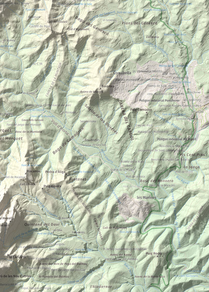 Mapa de relieve de Roca Sareny, 804 m, Bages · Vallès Occidental, lámina 100 Cims de Trobart. Detalle de la zona inferior derecha. 50 × 70 cm.