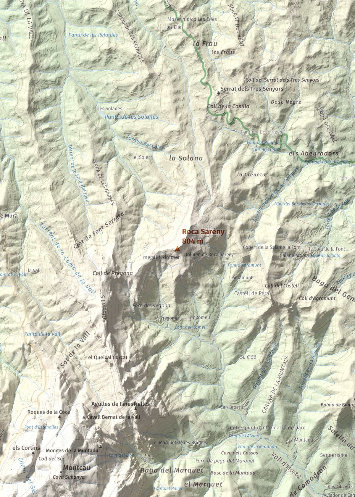 Mapa de relieve de Roca Sareny, 804 m, Bages · Vallès Occidental, lámina 100 Cims de Trobart. Detalle de la zona central. 50 × 70 cm.