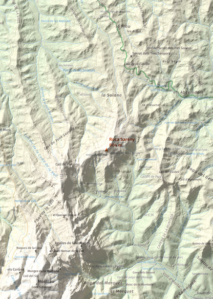 Mapa de relieve de Roca Sareny, 804 m, Bages · Vallès Occidental, lámina 100 Cims de Trobart. Detalle de la zona central. 50 × 70 cm.