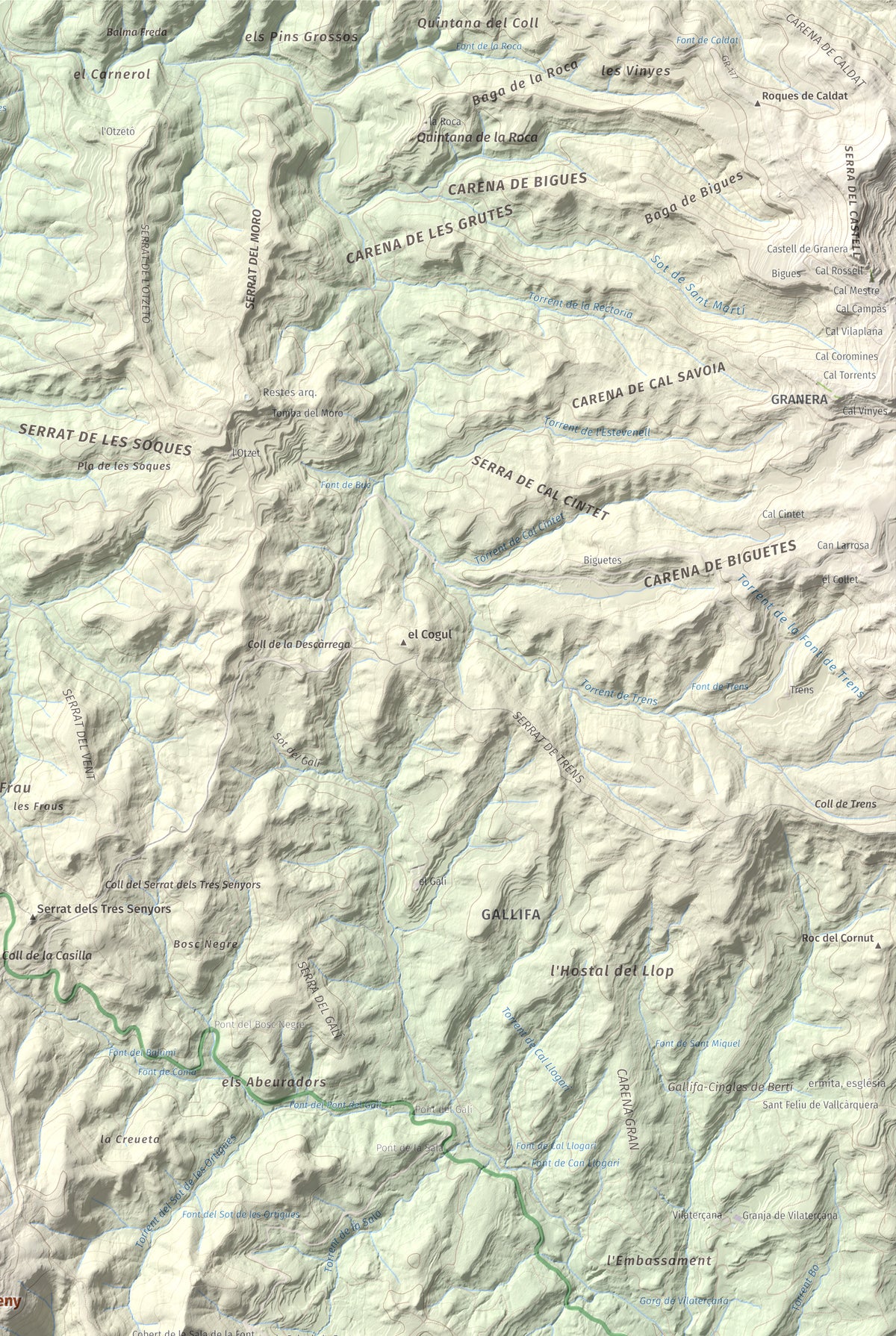 Mapa de relieve de Roca Sareny, 804 m, Bages · Vallès Occidental, lámina 100 Cims de Trobart. Detalle de la zona superior derecha. 61 × 91 cm.