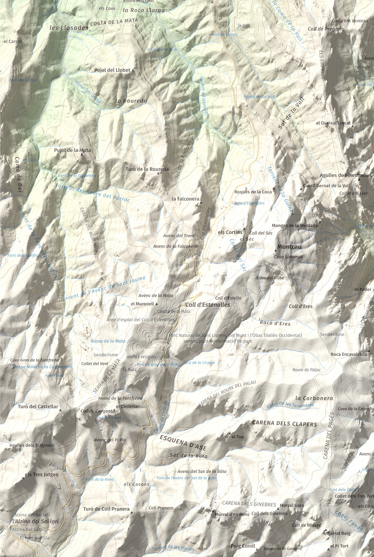 Mapa de relieve de Roca Sareny, 804 m, Bages · Vallès Occidental, lámina 100 Cims de Trobart. Detalle de la zona inferior izquierda. 61 × 91 cm.