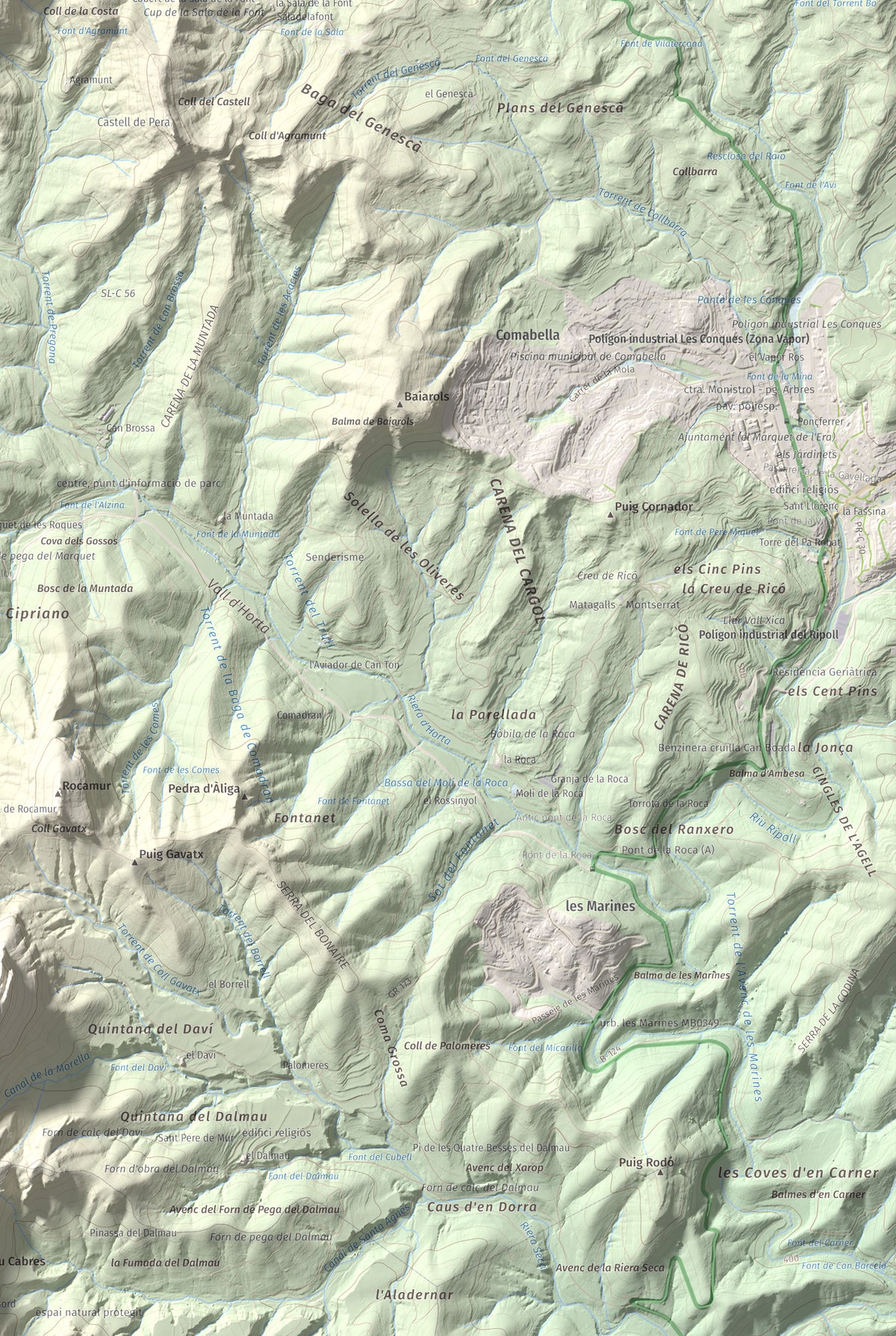 Mapa de relieve de Roca Sareny, 804 m, Bages · Vallès Occidental, lámina 100 Cims de Trobart. Detalle de la zona inferior derecha. 61 × 91 cm.