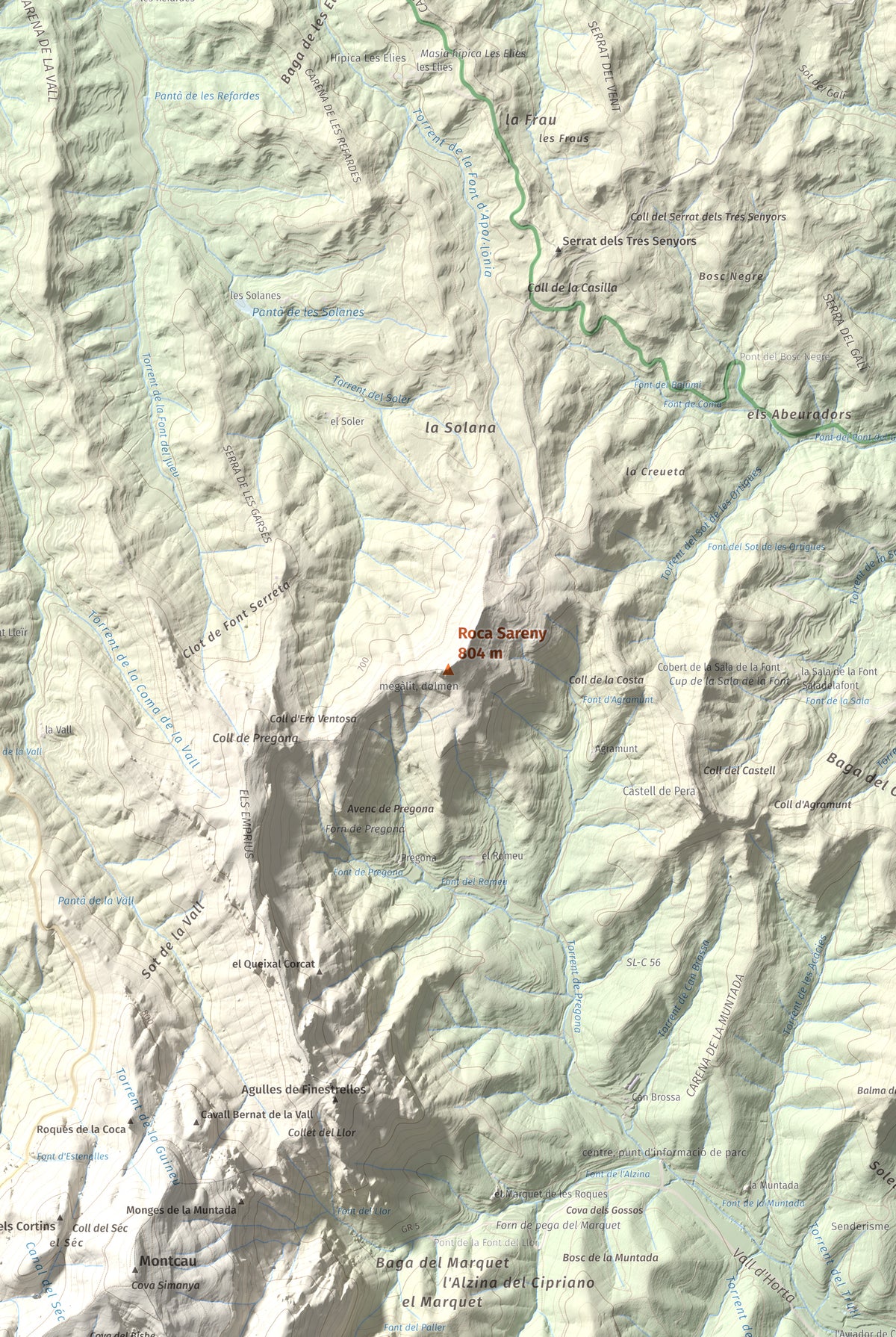 Mapa de relieve de Roca Sareny, 804 m, Bages · Vallès Occidental, lámina 100 Cims de Trobart. Detalle de la zona central. 61 × 91 cm.