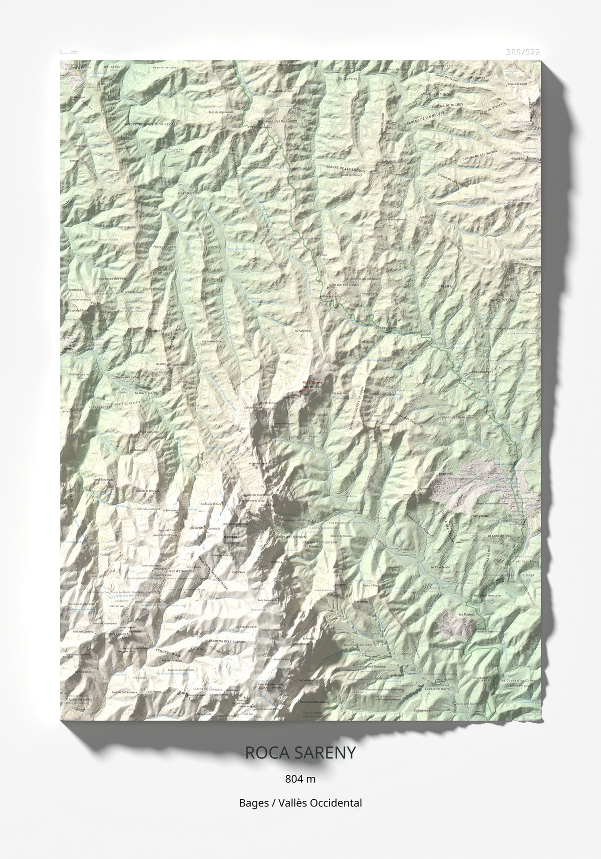 Mapa de relieve de Roca Sareny, 804 m, Bages · Vallès Occidental, lámina 100 Cims de Trobart 70 × 100 cm.