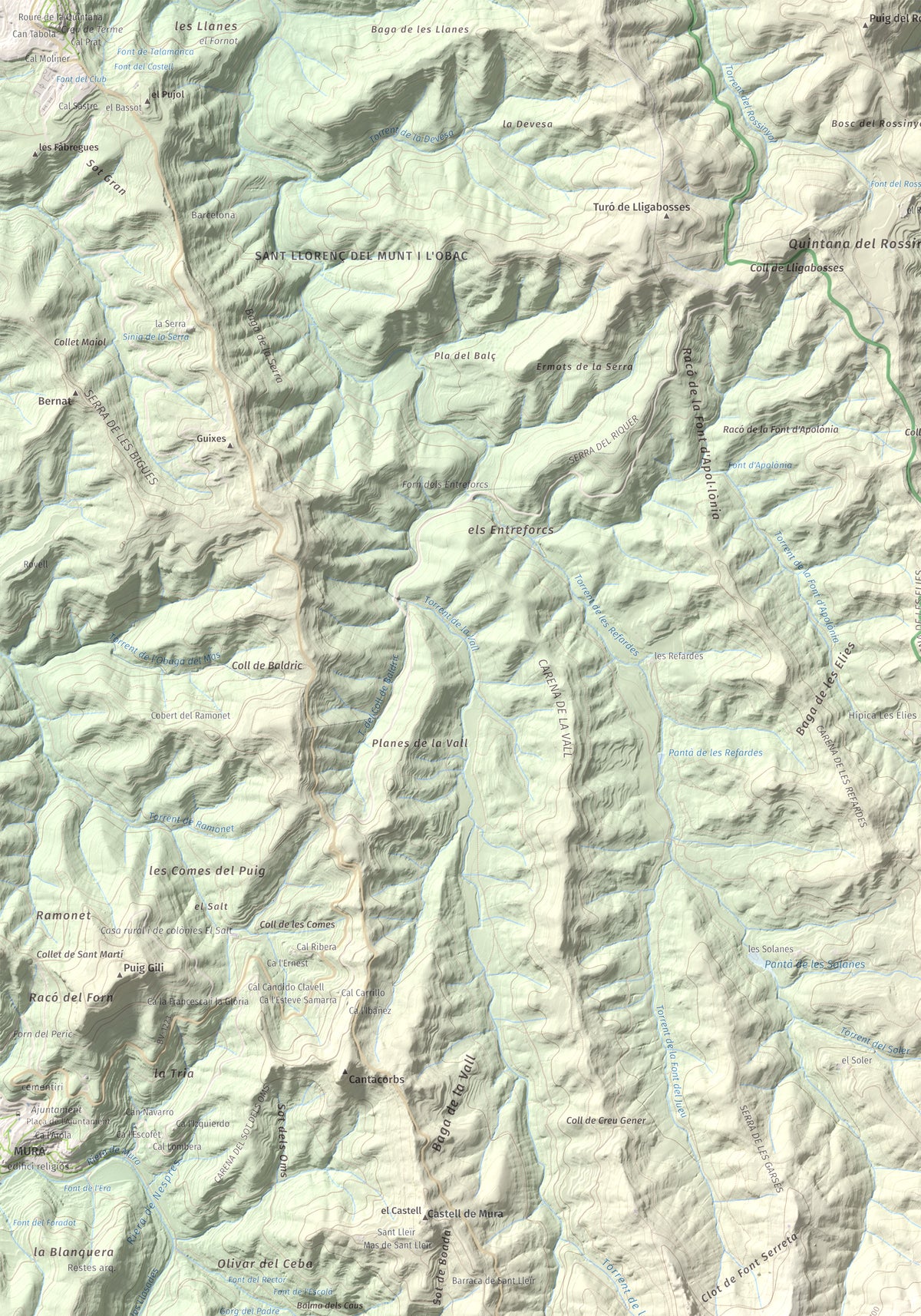 Mapa de relieve de Roca Sareny, 804 m, Bages · Vallès Occidental, lámina 100 Cims de Trobart. Detalle de la zona superior izquierda. 70 × 100 cm.
