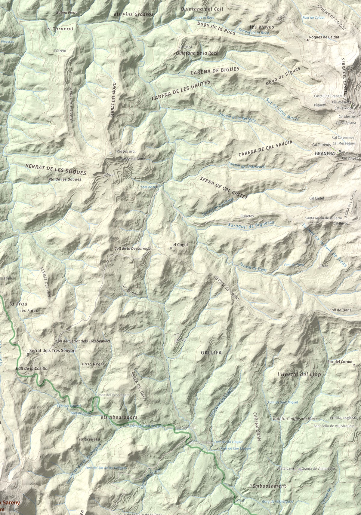 Mapa de relieve de Roca Sareny, 804 m, Bages · Vallès Occidental, lámina 100 Cims de Trobart. Detalle de la zona superior derecha. 70 × 100 cm.