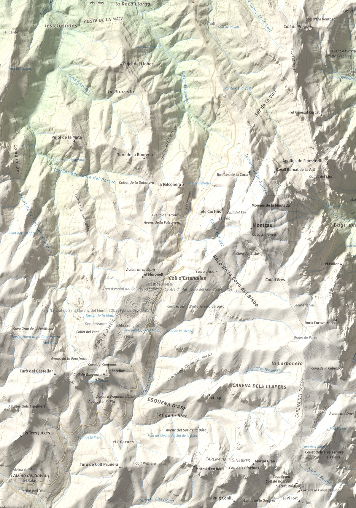 Mapa de relieve de Roca Sareny, 804 m, Bages · Vallès Occidental, lámina 100 Cims de Trobart. Detalle de la zona inferior izquierda. 70 × 100 cm.