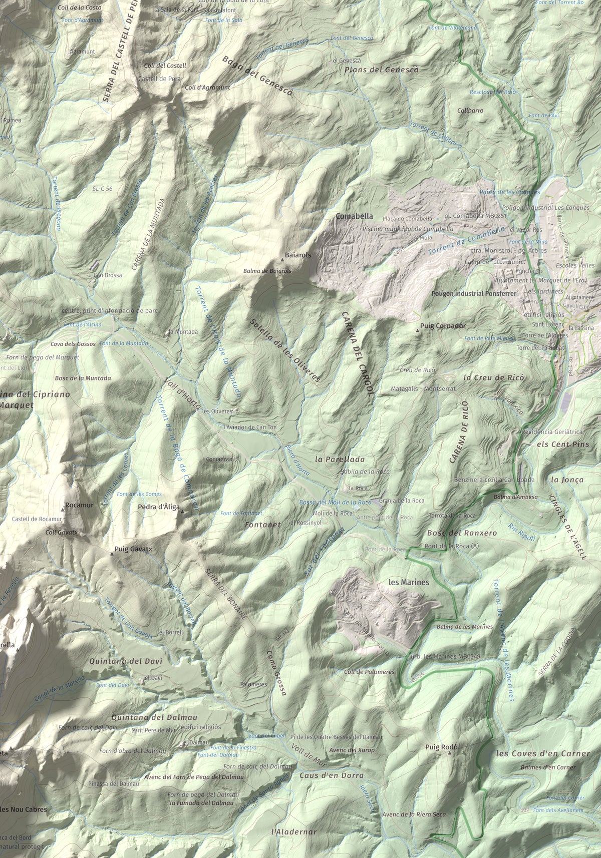 Mapa de relieve de Roca Sareny, 804 m, Bages · Vallès Occidental, lámina 100 Cims de Trobart. Detalle de la zona inferior derecha. 70 × 100 cm.