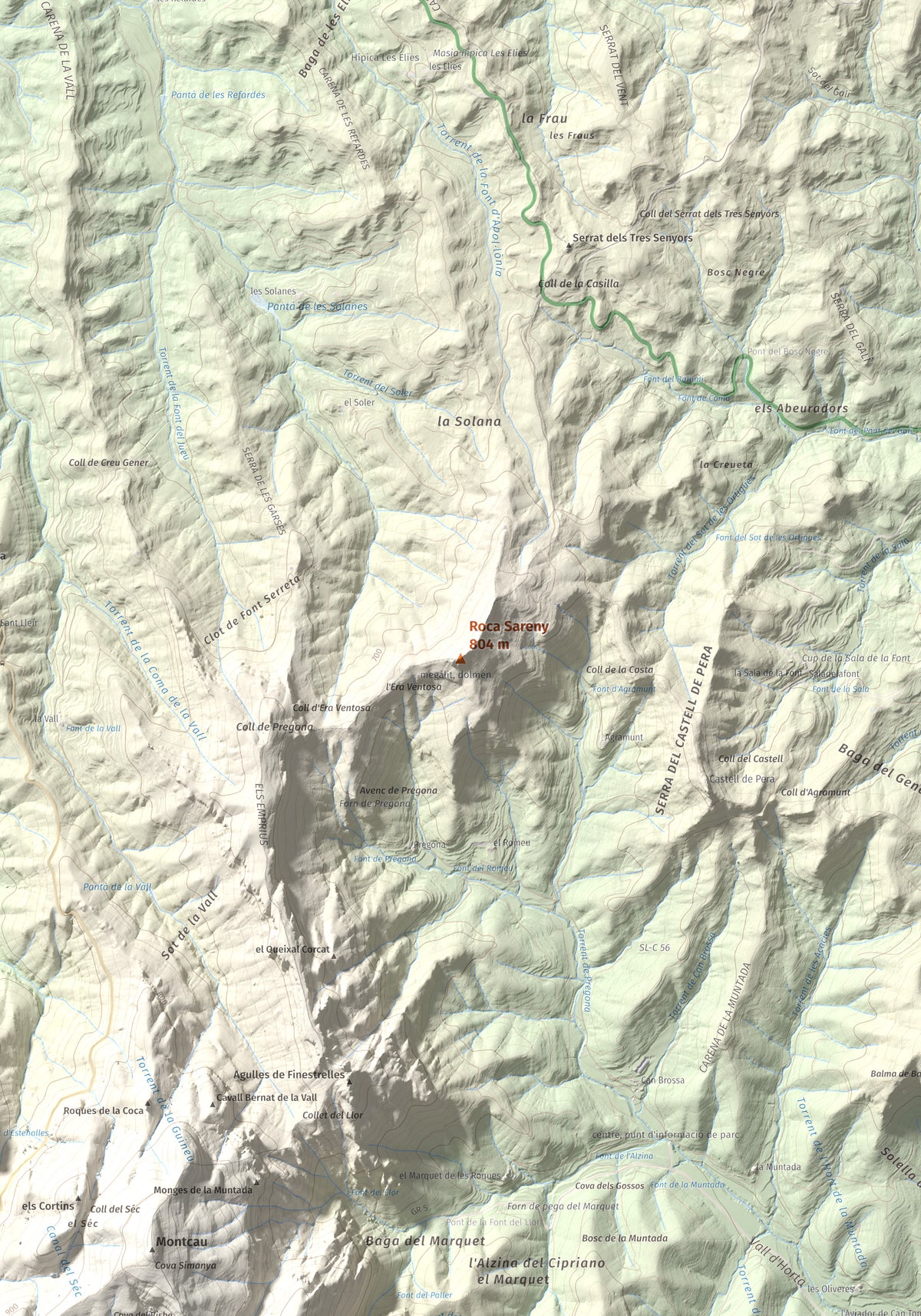 Mapa de relieve de Roca Sareny, 804 m, Bages · Vallès Occidental, lámina 100 Cims de Trobart. Detalle de la zona central. 70 × 100 cm.
