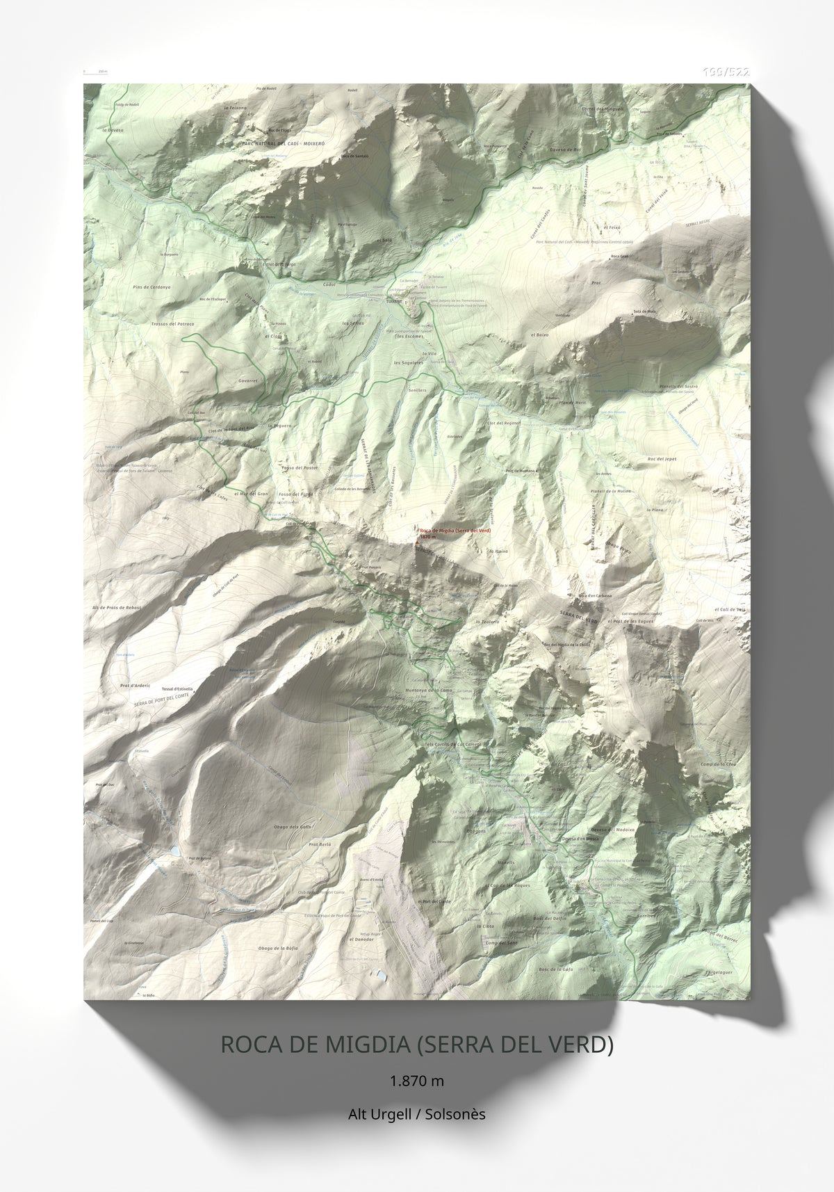 Mapa de relieve de Roca de Migdia (Serra del Verd), 1870 m, Alt Urgell · Solsonès, lámina 100 Cims de Trobart 70 × 100 cm.