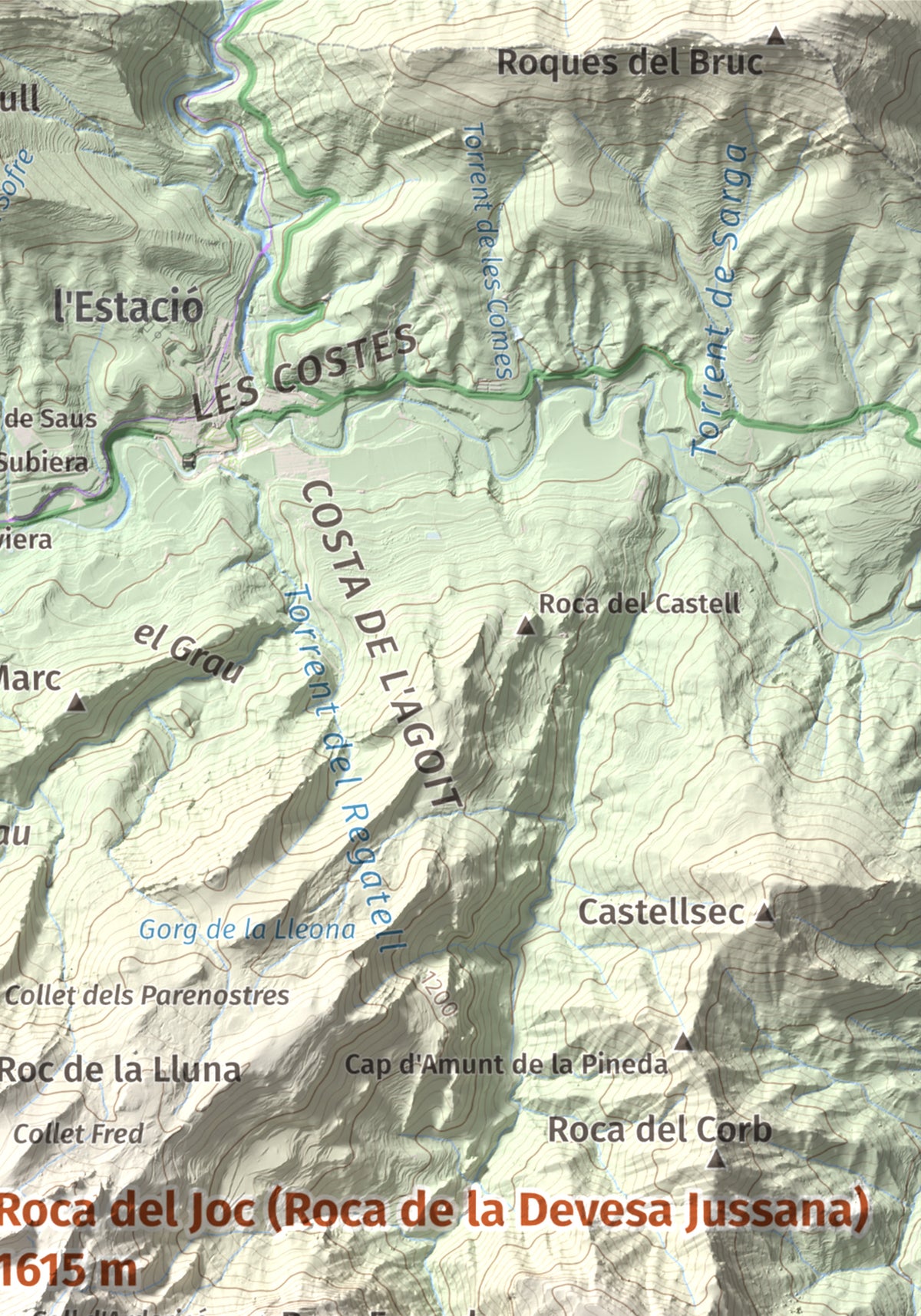 Mapa de relieve de Roca del Joc (Roca de la Devesa Jussana), 1615 m, Berguedà, lámina 100 Cims de Trobart. Detalle de la zona superior derecha. 21 × 30 cm.