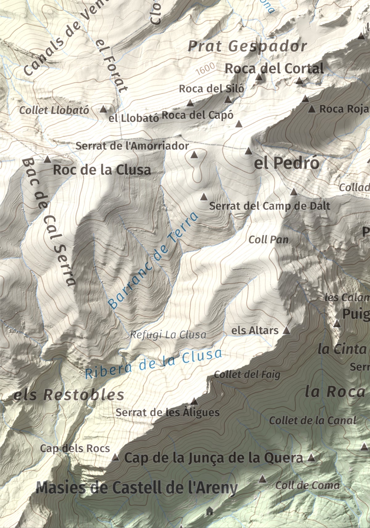 Mapa de relieve de Roca del Joc (Roca de la Devesa Jussana), 1615 m, Berguedà, lámina 100 Cims de Trobart. Detalle de la zona inferior izquierda. 21 × 30 cm.