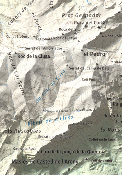 Mapa de relieve de Roca del Joc (Roca de la Devesa Jussana), 1615 m, Berguedà, lámina 100 Cims de Trobart. Detalle de la zona inferior izquierda. 21 × 30 cm.