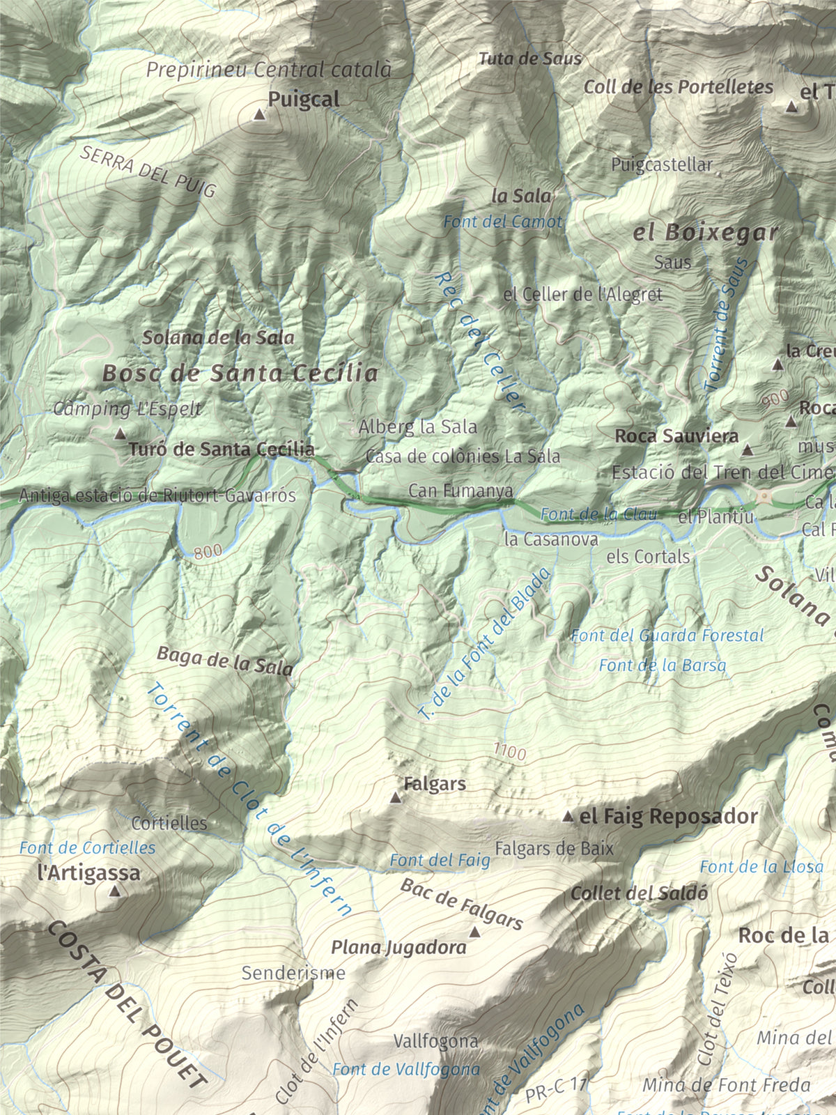 Mapa de relieve de Roca del Joc (Roca de la Devesa Jussana), 1615 m, Berguedà, lámina 100 Cims de Trobart. Detalle de la zona superior izquierda. 30 × 40 cm.
