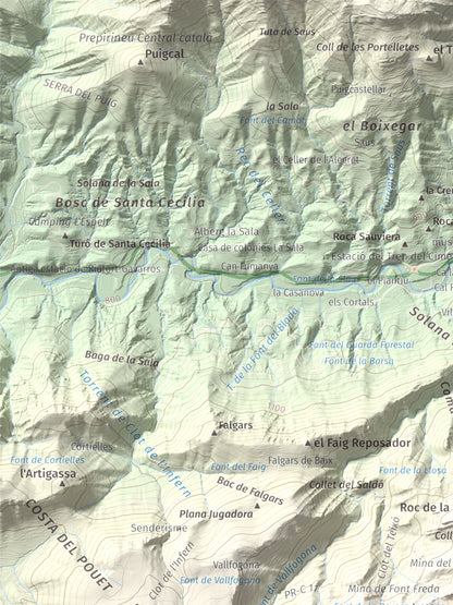 Mapa de relieve de Roca del Joc (Roca de la Devesa Jussana), 1615 m, Berguedà, lámina 100 Cims de Trobart. Detalle de la zona superior izquierda. 30 × 40 cm.