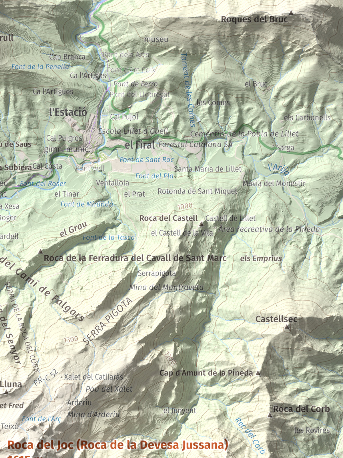 Mapa de relieve de Roca del Joc (Roca de la Devesa Jussana), 1615 m, Berguedà, lámina 100 Cims de Trobart. Detalle de la zona superior derecha. 30 × 40 cm.