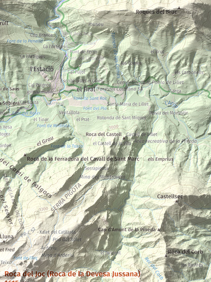 Mapa de relieve de Roca del Joc (Roca de la Devesa Jussana), 1615 m, Berguedà, lámina 100 Cims de Trobart. Detalle de la zona superior derecha. 30 × 40 cm.
