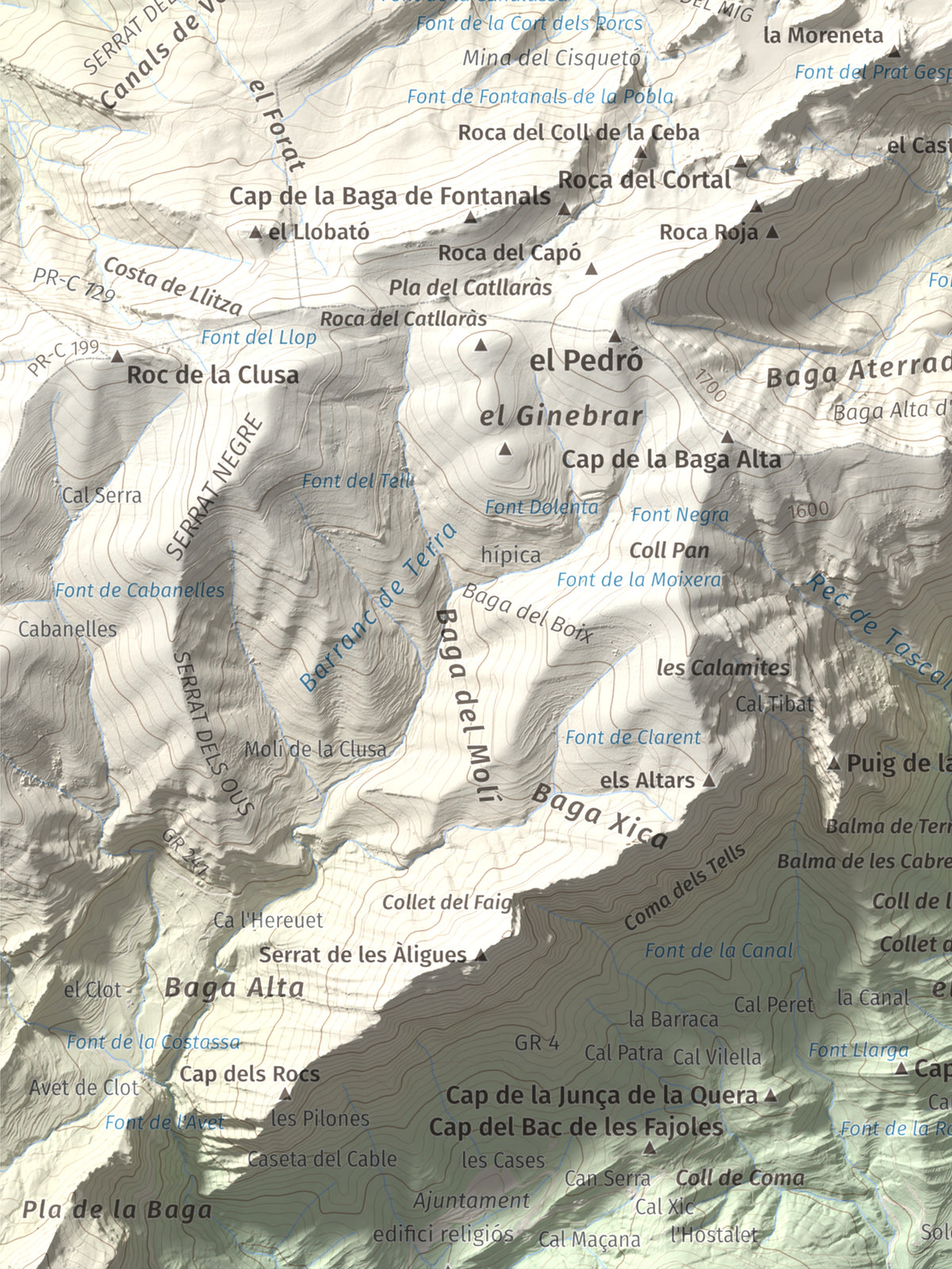 Mapa de relieve de Roca del Joc (Roca de la Devesa Jussana), 1615 m, Berguedà, lámina 100 Cims de Trobart. Detalle de la zona inferior izquierda. 30 × 40 cm.