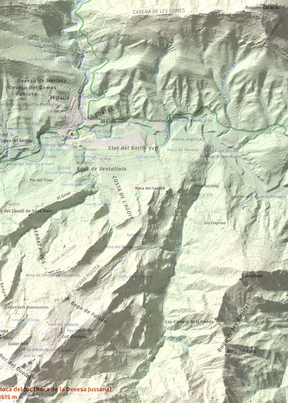 Mapa de relieve de Roca del Joc (Roca de la Devesa Jussana), 1615 m, Berguedà, lámina 100 Cims de Trobart. Detalle de la zona superior derecha. 50 × 70 cm.