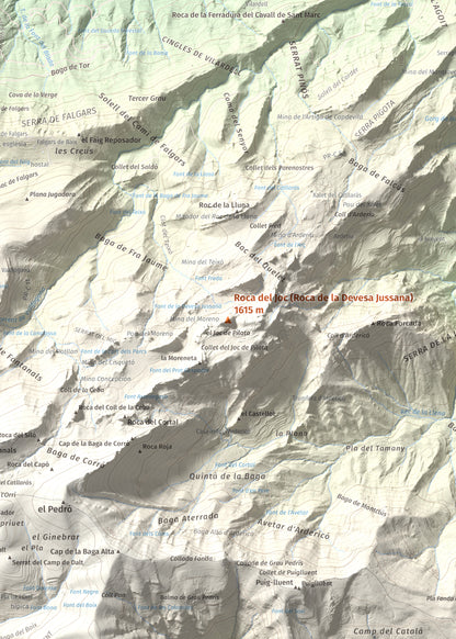 Mapa de relieve de Roca del Joc (Roca de la Devesa Jussana), 1615 m, Berguedà, lámina 100 Cims de Trobart. Detalle de la zona central. 50 × 70 cm.