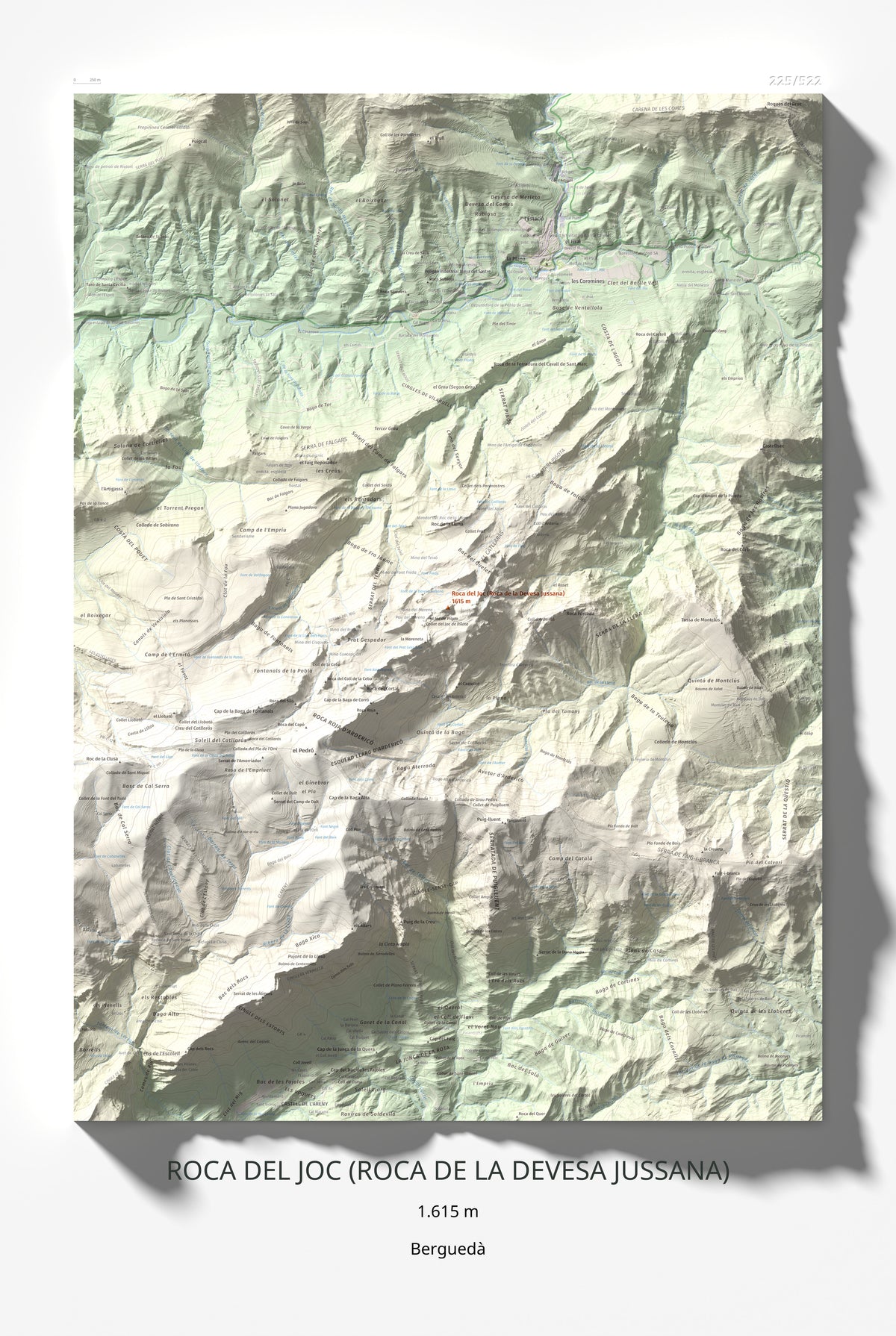 Mapa de relieve de Roca del Joc (Roca de la Devesa Jussana), 1615 m, Berguedà, lámina 100 Cims de Trobart 61 × 91 cm.