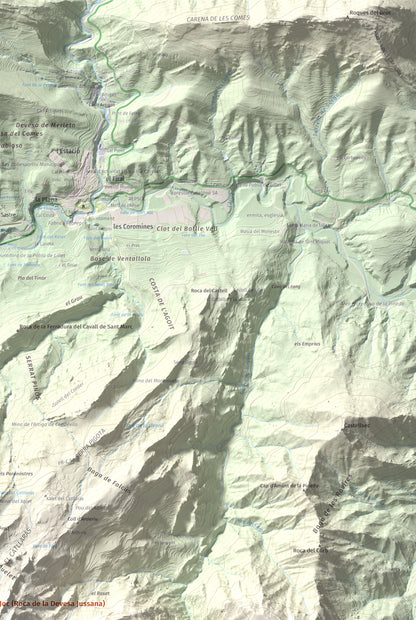Mapa de relieve de Roca del Joc (Roca de la Devesa Jussana), 1615 m, Berguedà, lámina 100 Cims de Trobart. Detalle de la zona superior derecha. 61 × 91 cm.