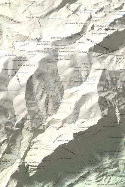 Mapa de relieve de Roca del Joc (Roca de la Devesa Jussana), 1615 m, Berguedà, lámina 100 Cims de Trobart. Detalle de la zona inferior izquierda. 61 × 91 cm.