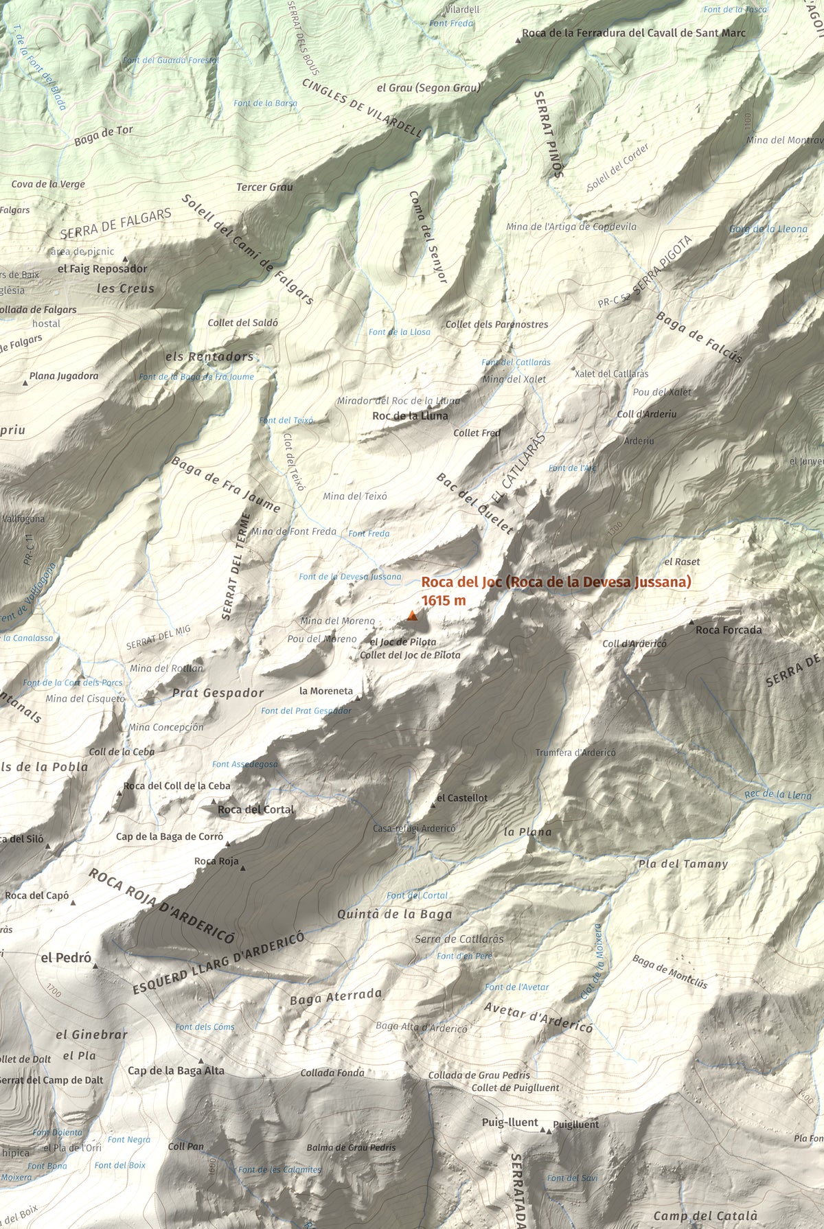 Mapa de relieve de Roca del Joc (Roca de la Devesa Jussana), 1615 m, Berguedà, lámina 100 Cims de Trobart. Detalle de la zona central. 61 × 91 cm.