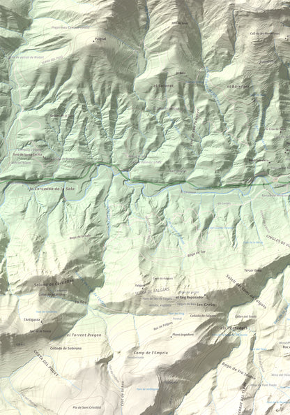 Mapa de relieve de Roca del Joc (Roca de la Devesa Jussana), 1615 m, Berguedà, lámina 100 Cims de Trobart. Detalle de la zona superior izquierda. 70 × 100 cm.