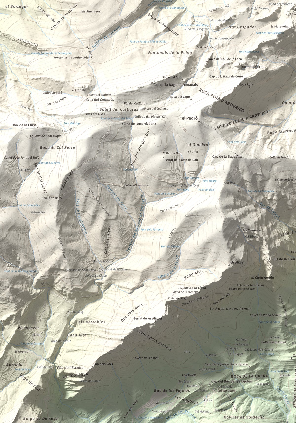 Mapa de relieve de Roca del Joc (Roca de la Devesa Jussana), 1615 m, Berguedà, lámina 100 Cims de Trobart. Detalle de la zona inferior izquierda. 70 × 100 cm.