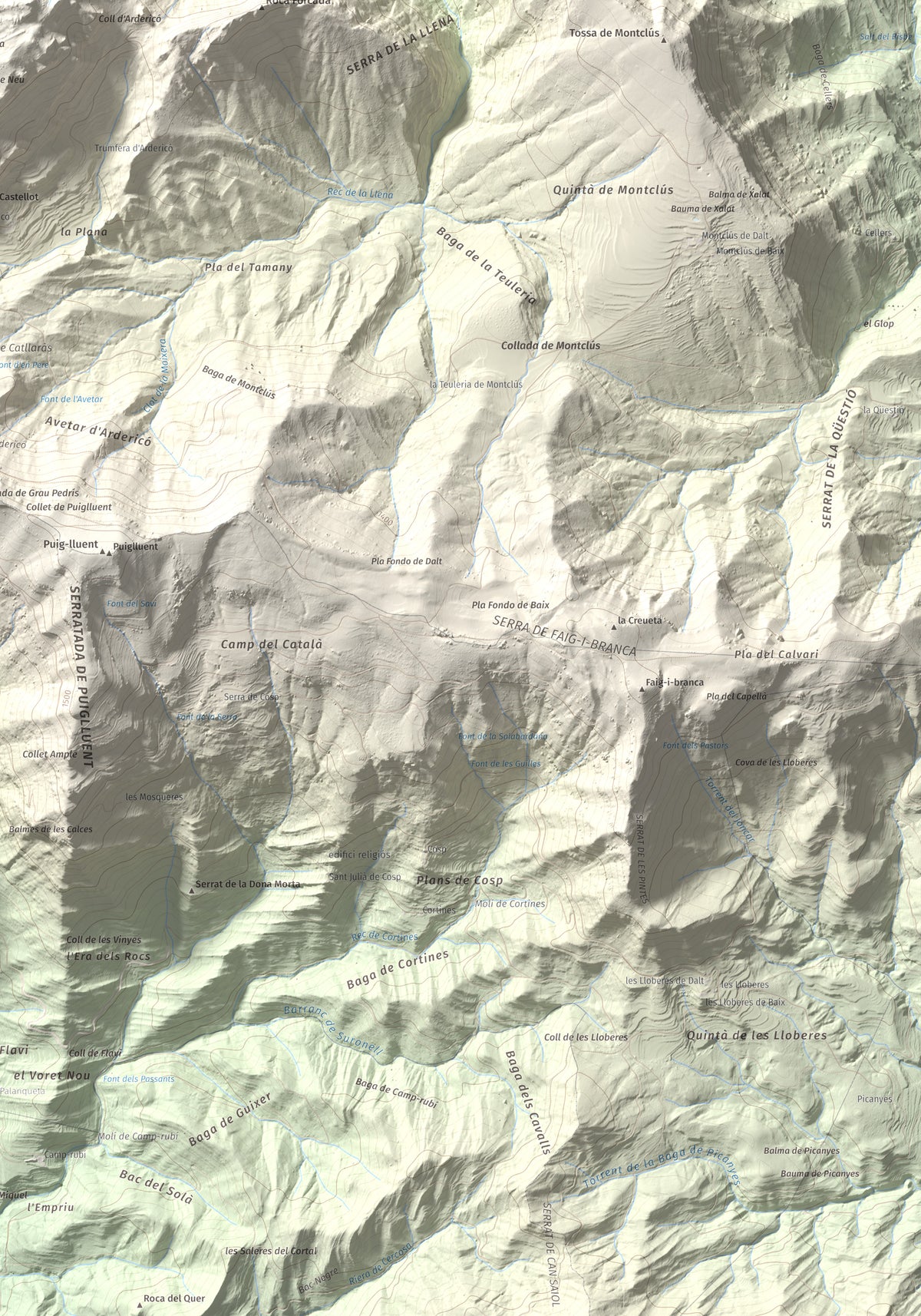 Mapa de relieve de Roca del Joc (Roca de la Devesa Jussana), 1615 m, Berguedà, lámina 100 Cims de Trobart. Detalle de la zona inferior derecha. 70 × 100 cm.