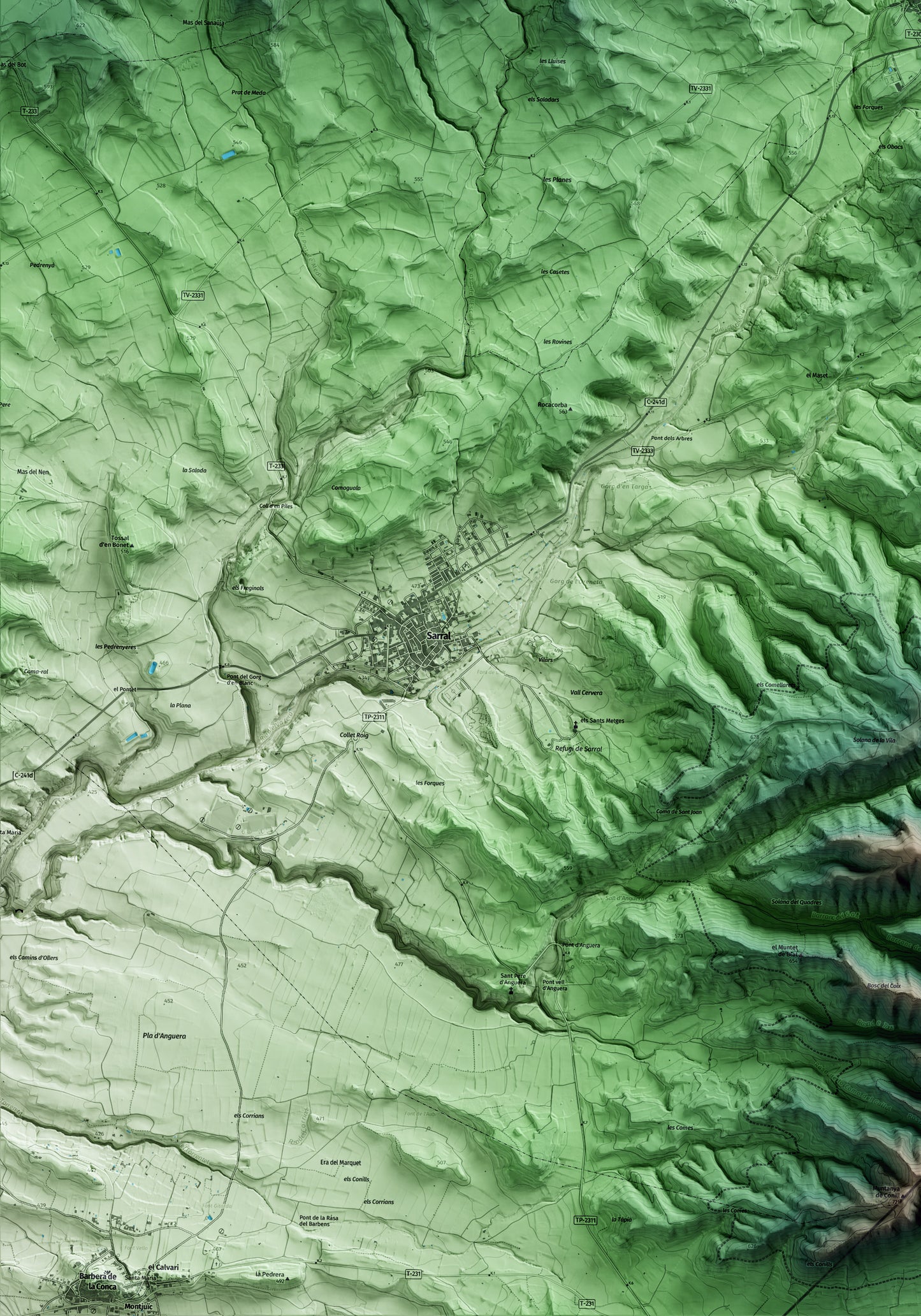 Mapa artístico del relieve de Rocafort de Queralt, a la Conca de Barberà, con 15 km de entorno y base topográfica ICGC. Detalle de la zona inferior izquierda.