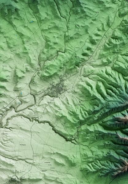 Mapa artístico del relieve de Rocafort de Queralt, a la Conca de Barberà, con 15 km de entorno y base topográfica ICGC. Detalle de la zona inferior izquierda.