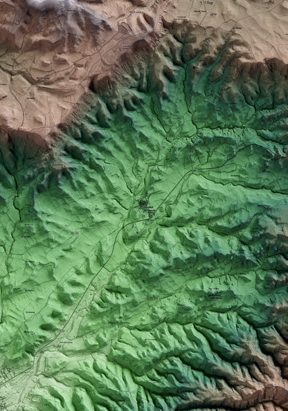 Mapa artístico del relieve de Rocafort de Queralt, a la Conca de Barberà, con 15 km de entorno y base topográfica ICGC. Detalle de la zona central.