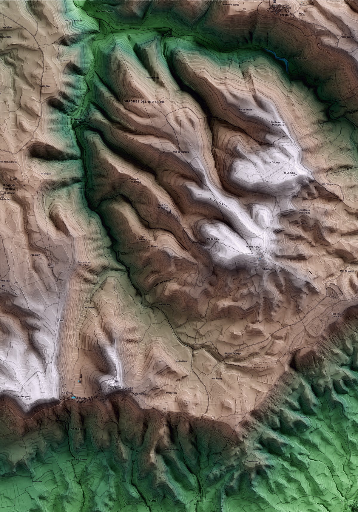 Mapa artístico del relieve de Rocafort de Queralt, a la Conca de Barberà, con 15 km de entorno y base topográfica ICGC. Detalle de la zona superior izquierda.