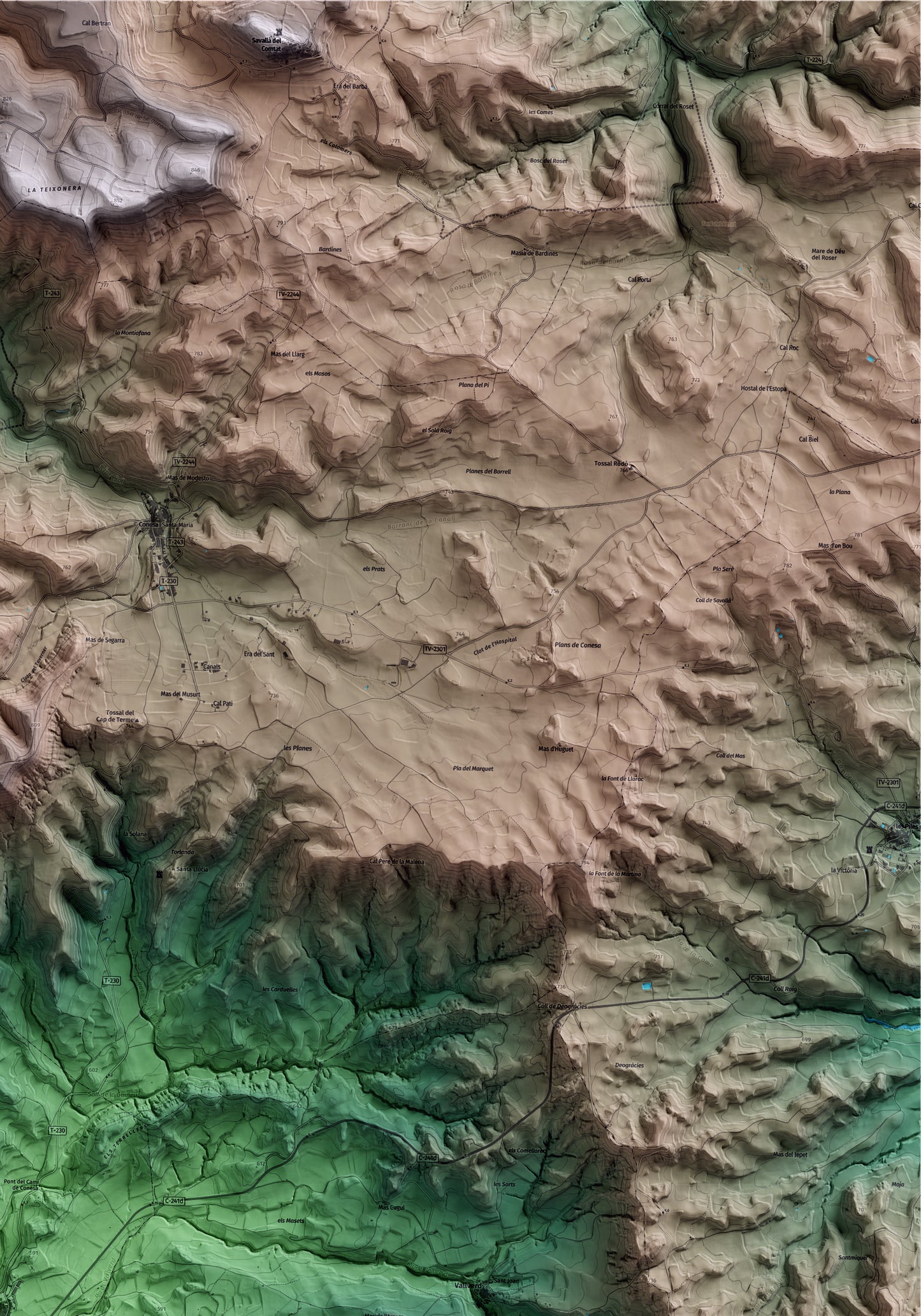 Mapa artístico del relieve de Rocafort de Queralt, a la Conca de Barberà, con 15 km de entorno y base topográfica ICGC. Detalle de la zona superior derecha.