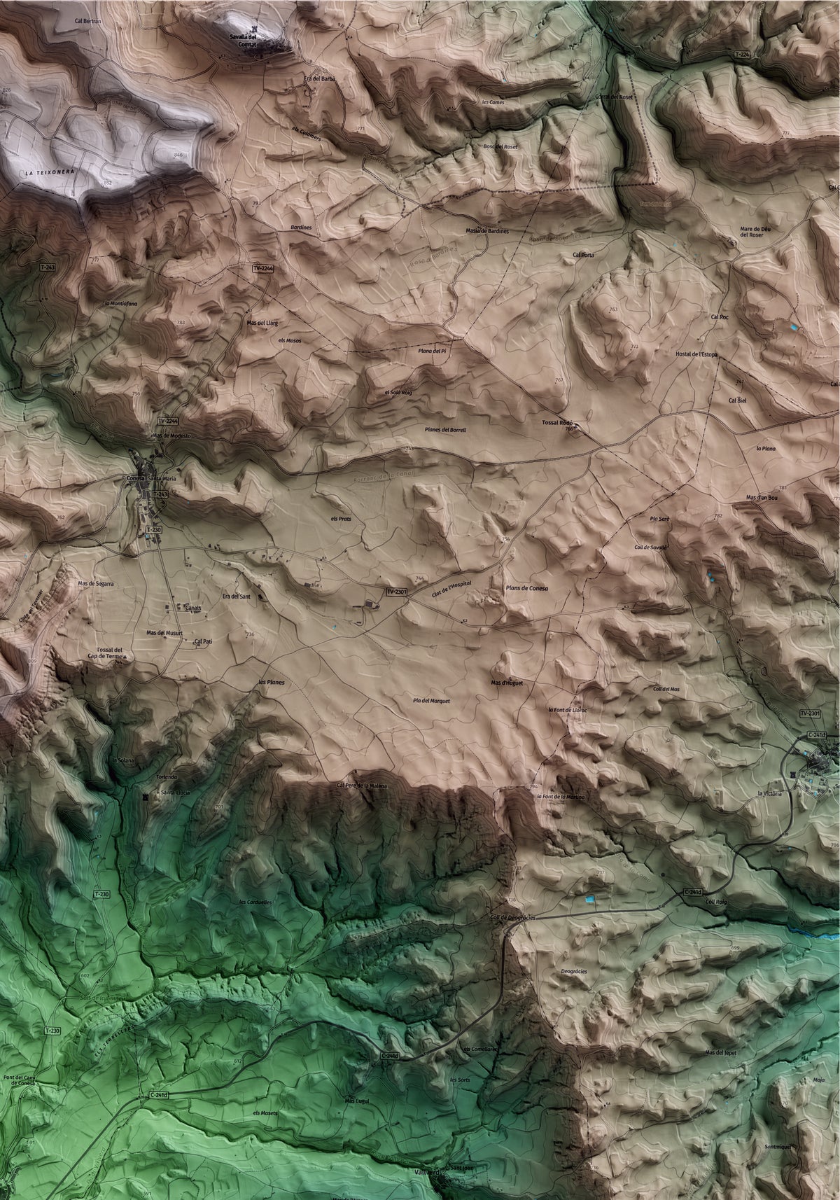 Mapa artístico del relieve de Rocafort de Queralt, a la Conca de Barberà, con 15 km de entorno y base topográfica ICGC. Detalle de la zona superior derecha.