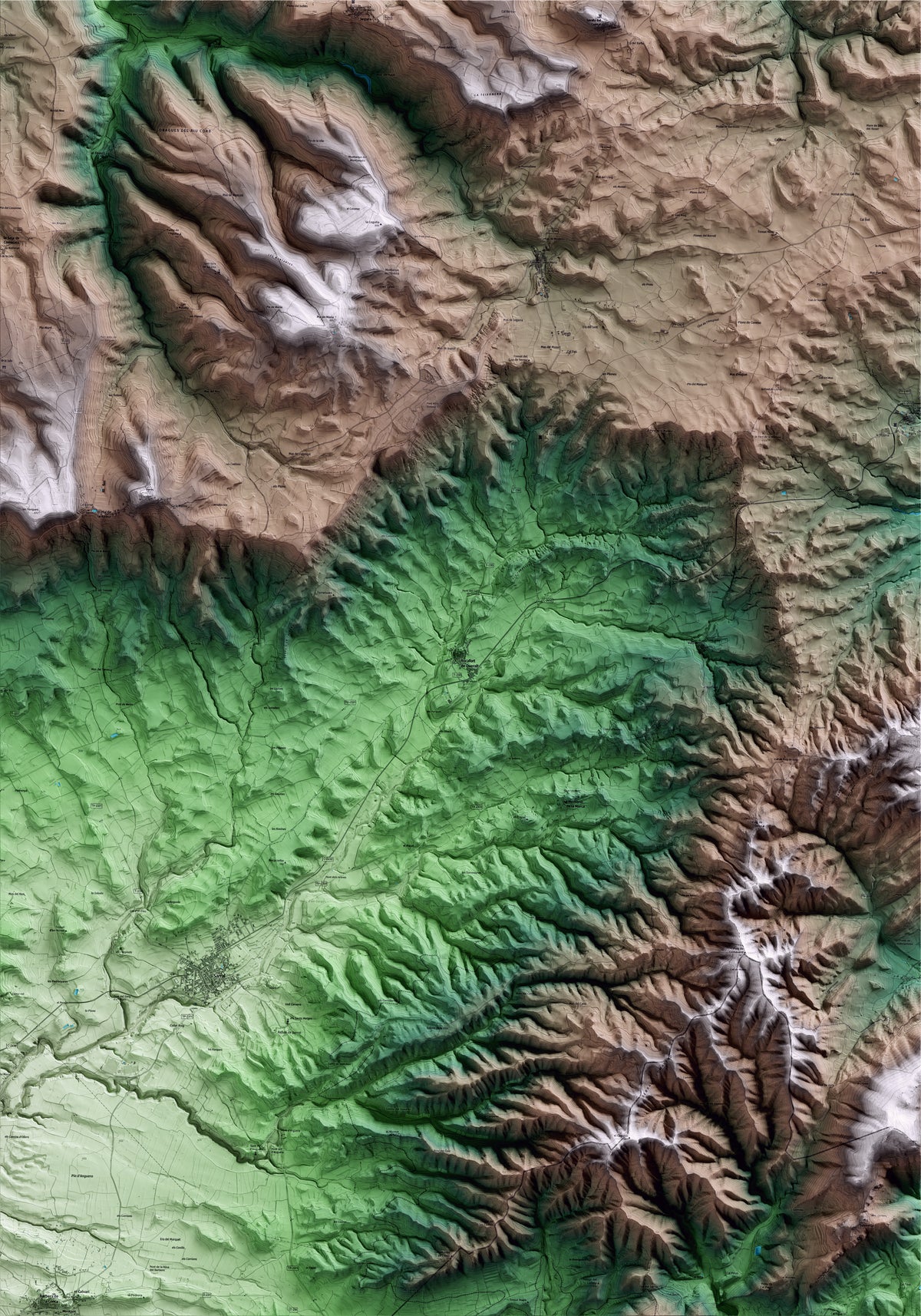Mapa artístico del relieve de Rocafort de Queralt, a la Conca de Barberà, con 15 km de entorno y base topográfica ICGC