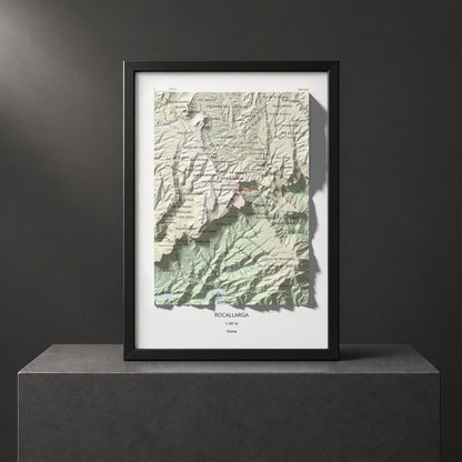 Mapa de relieve de Rocallarga, 1187 m, Osona, lámina 100 Cims de Trobart. Presentación enmarcada. 21 × 30 cm.